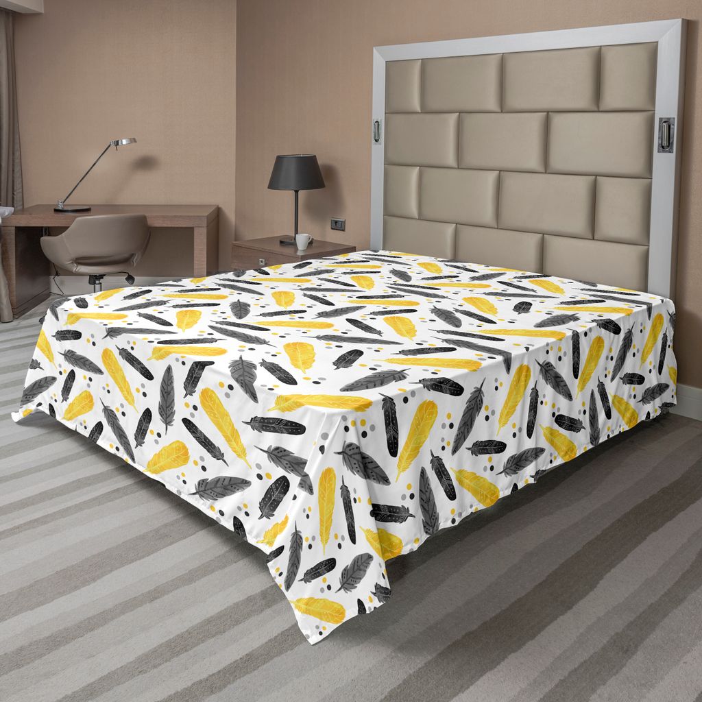 ABAKUHAUS Gelb Bettlaken, Vogel Federn Muster Mit Tupfen Exotischen Stil Stammes Design Animal Druck, weiches bequemes oberes Bettlaken für ein de...