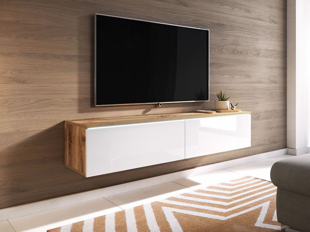 MIRJAN24 TV-Lowboard Detroit D140, Stilvoll TV-Tisch, 2 Türen, Modern Wohnzimmer (Wotan / Weiß Hochglanz, ohne Beleuchtung)