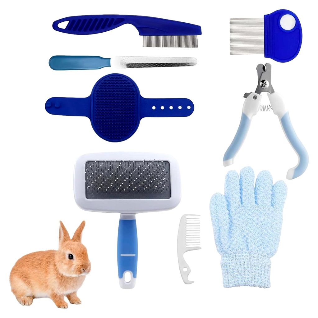 Pflegeset für Kaninchen, 8-teiliges Set für Kleintiere, Bürstenkit, Nagelschneider, Feile, Massagehandschuh, Kamm, geeignet für Katzen, Welpen,...
