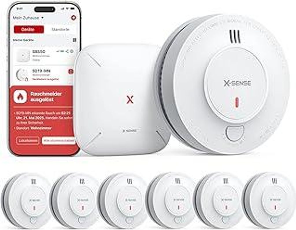 X-Sense Smart WLAN-Rauchmelder mit 10-Jahres-Batterie und SBS50 Basisstation, photoelektrischer vernetzbarer Funk-Brandmelder, SD19-MN61, 6 Stück