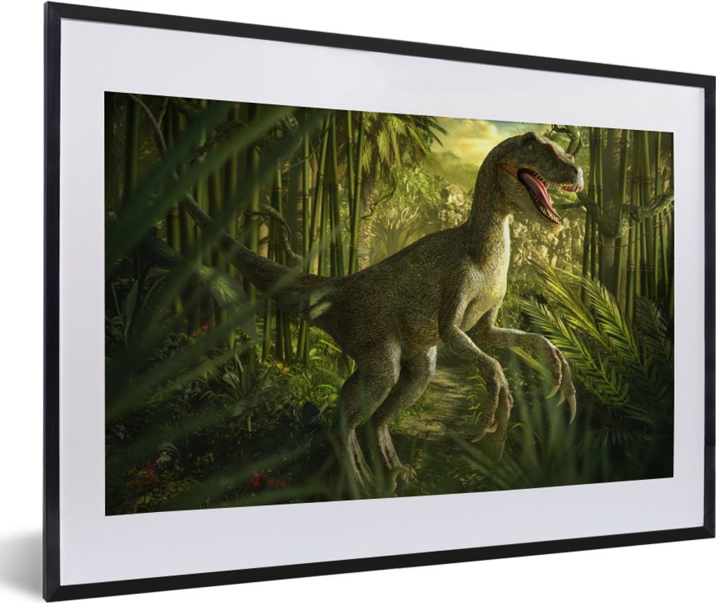 MuchoWow Gerahmtes Poster Dinosaurier - Pflanzen - Grün - Illustration - Kinder - Jungen 60x40 cm - Poster mit Schwarzem Bilderrahmen Wandposter...