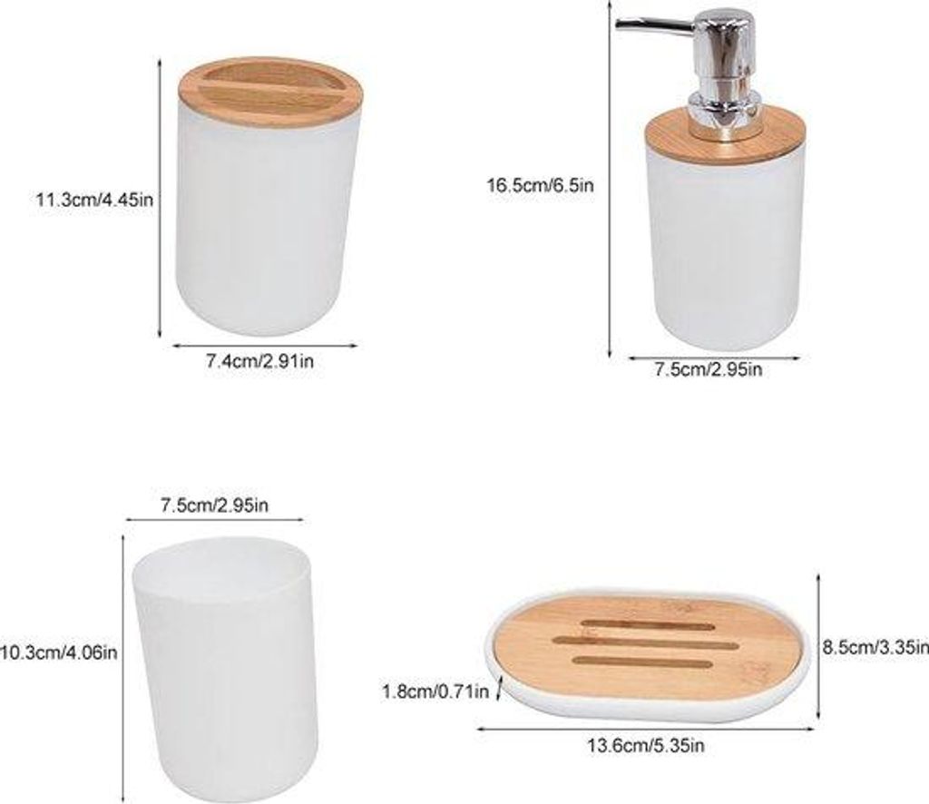 Badezimmer-Zubehör-Set aus Kunststoff und Bambus mit Mundwaschschale, Zahnputzbecher, Seifenspender und Seifenschälchen