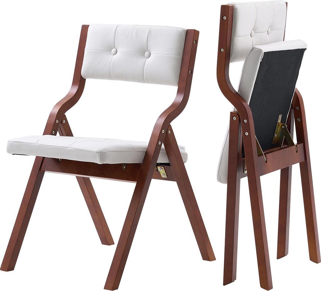 Two folding chairs are shown against a white background. One chair is fully visible from the front, and the other is shown from the side, folded.