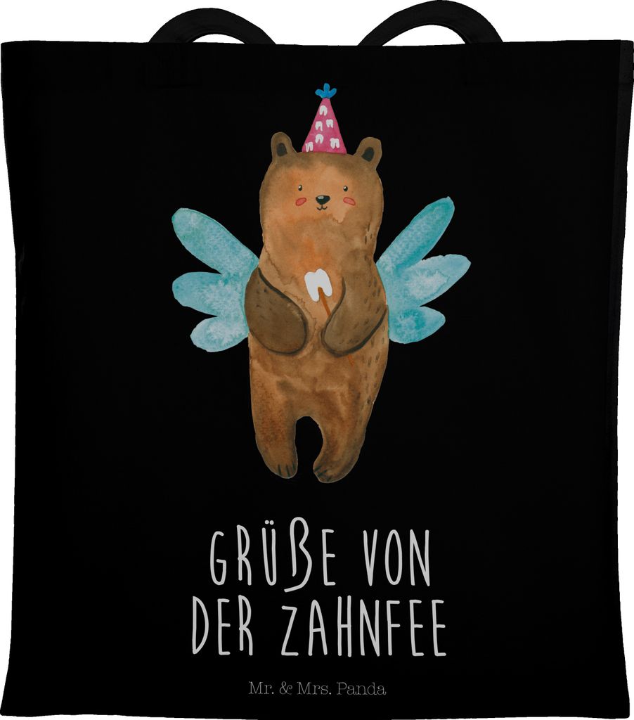 Mr. & Mrs. Panda Tote Bag Bär Zahnfee - Schwarz - Geschenk, Fee, Teddy, Einkaufstasche, Laptoptasche, Jutebeutel, Tasche, Jutetasche, Erster Zahn,...