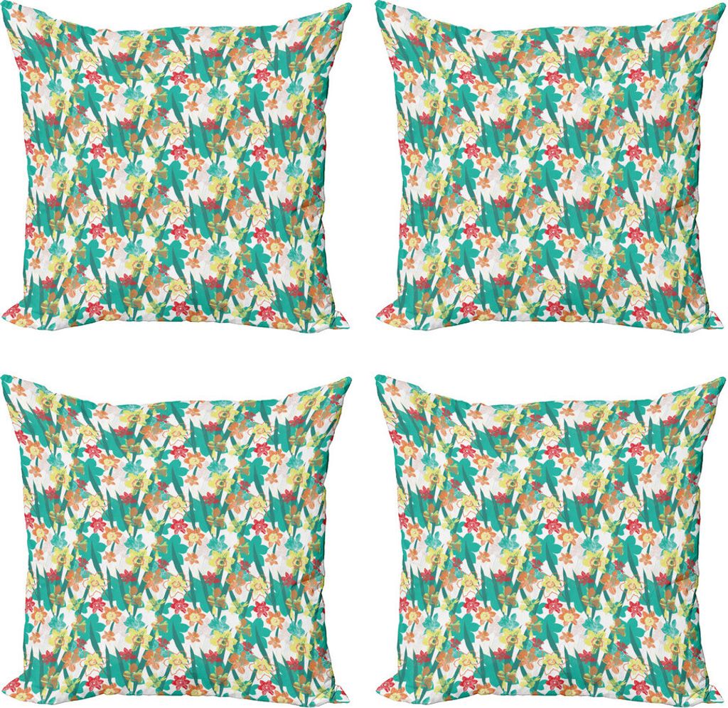 ABAKUHAUS Tropisch Kissenbezug Set (4 Stück), Bunte Blumen und Blatt, Moderner Doppelseitiger Digitaldruck, 45 cm x 45 cm, Mehrfarbig