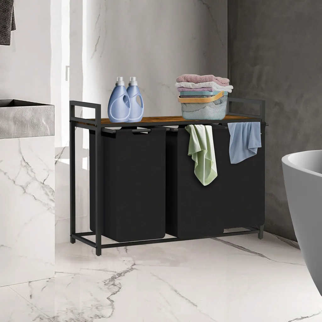 Panier à linge 3 compartiments avec étagère bois noir gain de place - 3