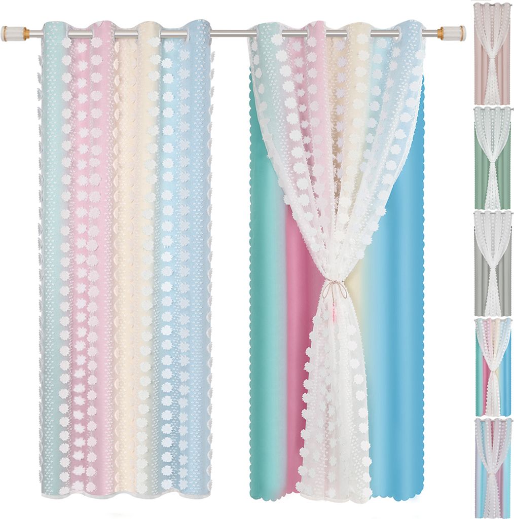 Vorhänge Doppelschicht Ösen Fenstervorhang 2er Set Ombre Pompom Verdunkelungsvorhang Tulle Gardinen Schlafzimmer Kinderzimmer, 132x160cm