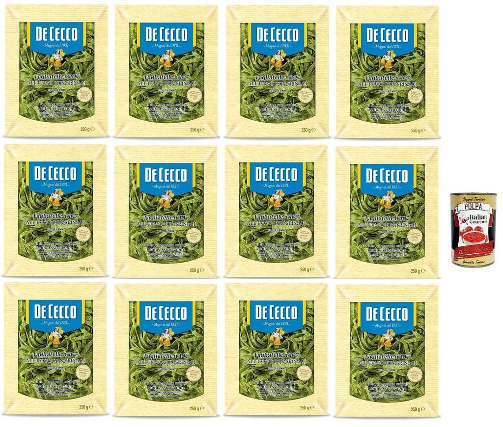 12x De Cecco Eier-Tagliatelle Nr. 107 mit Spinat 250gr +Italian Gourmet polpa 400g
