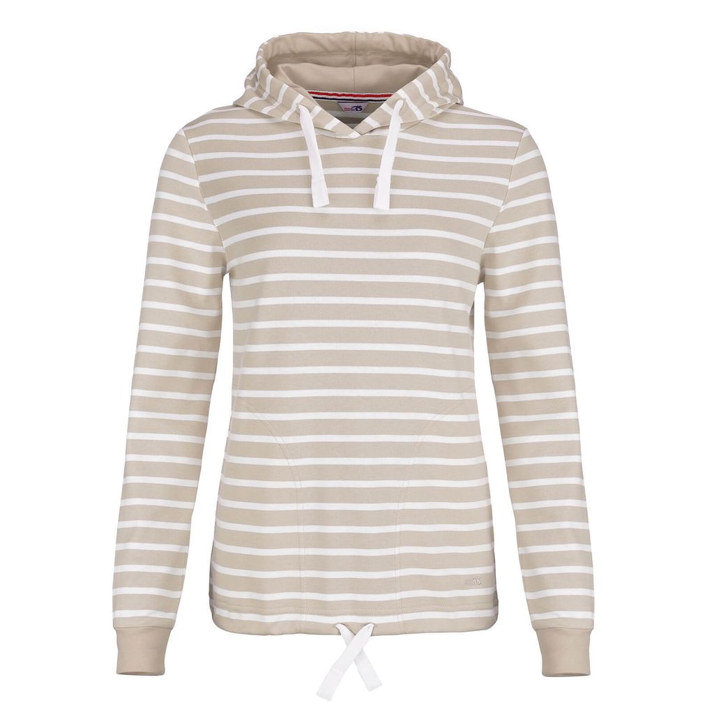 modAS Damen Kapuzenshirt Langarmshirt gestreift - Kapuzenpullover Streifenshirt Ringelshirt mit Kapuze aus Baumwolle in Sand-Weiß Größe 50