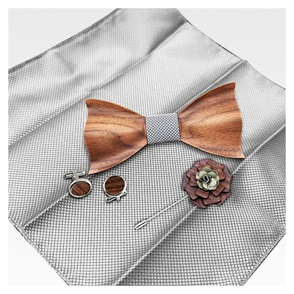 Klassisches Holzfliegen-Set für Herren mit Holzfliege, Holzmanschettenknöpfen, Holzbrosche und Einstecktuch für Hochzeiten, Aufführungen, Absch...