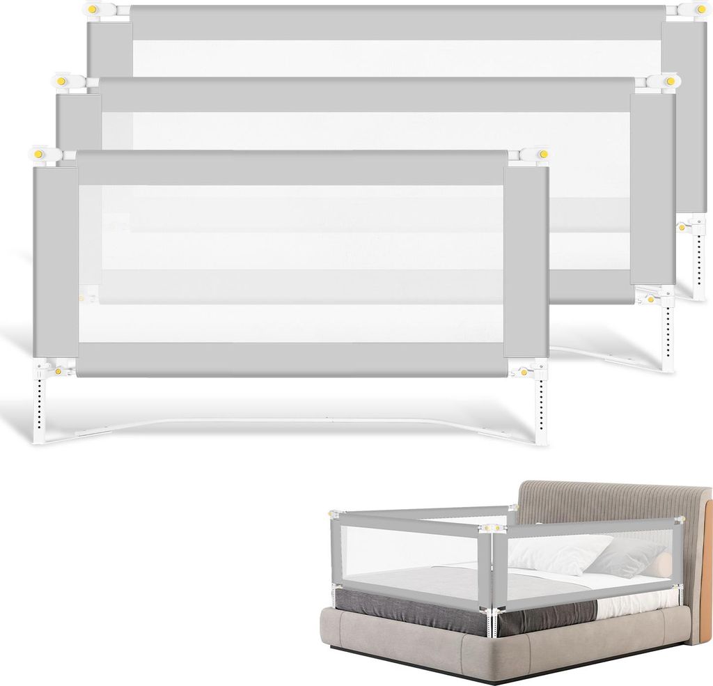Bettizia 3x Bettgitter Bettschutzgitter Kinderbettgitter klappbarer Babybettgitter Rausfallschutz für Kinder- & Elternbetten Bett Grau (2x180cm+1x...