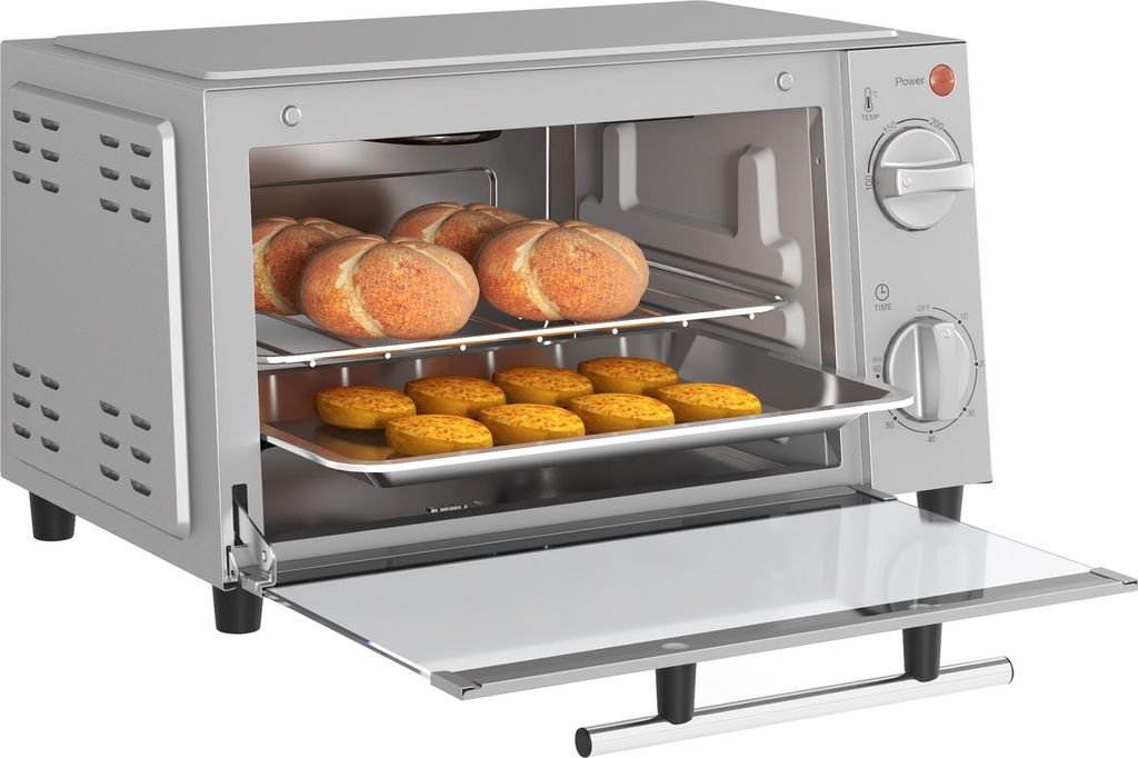 Minibackofen, 9 L Mini-Ofen mit Backblech, Grillrost, mit einstellbarer Temperatur und Garzeit, Edelstahl, Silber