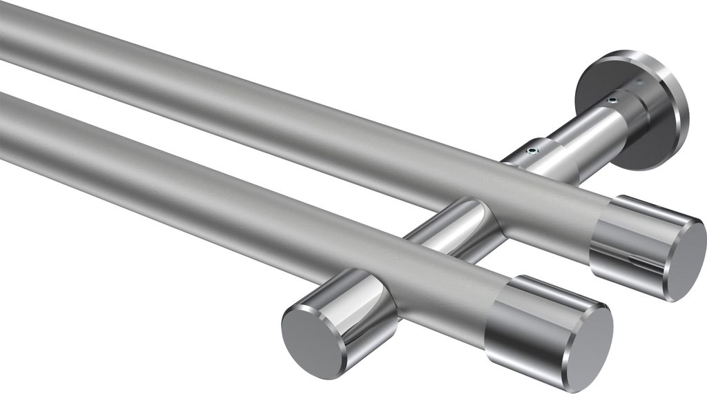 Interdeco Gardinenstange / Vorhangstange Silbergrau / Chrom, Typ Prestige Santo (Kappe) ohne Ringe, 20 mm Ø 2-läufig, 440 cm