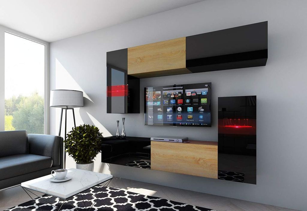 Furnitech Wohnwand Wohnzimmer - Wohnzimmer Möbel mit LED Blau - Hängend Wohnwand Modern - Regale und TV Schrank (Future C31-HGM-BD-49 1A)