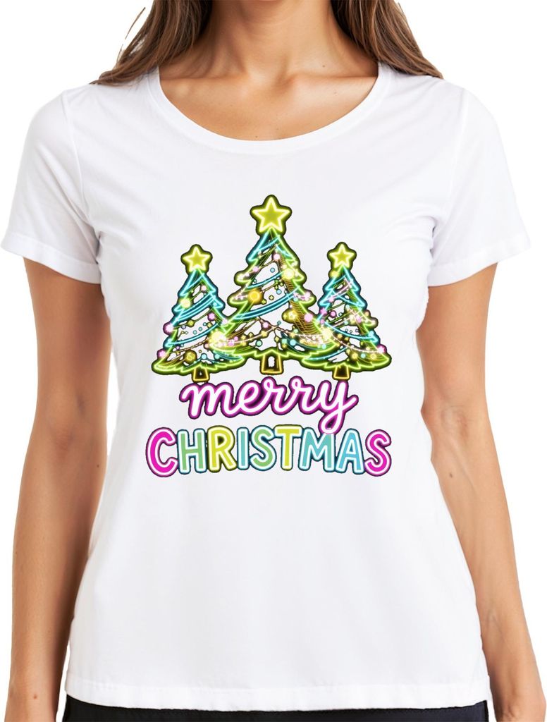merry CHRISTMAS Neon Weihnachtsbäume Leuchtschrift Retro Geschenk Damen T-Shirt, Weiß, XL