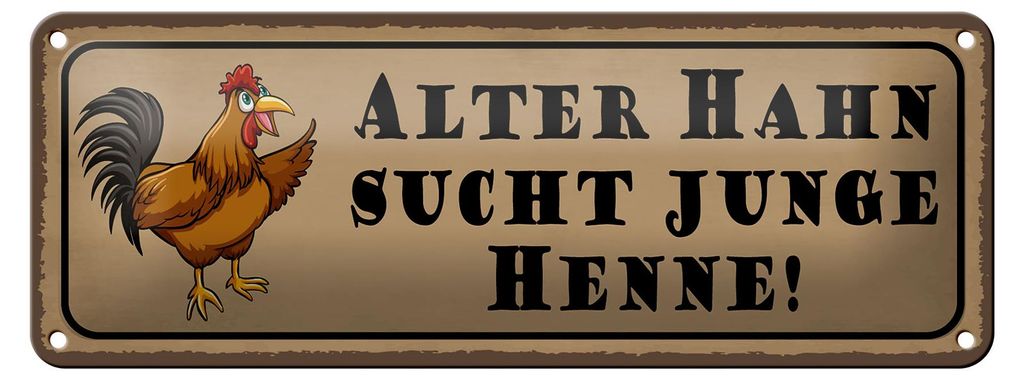 Blechschild Spruch 27x10 cm Alter Hahn sucht junge Henne Deko Schild