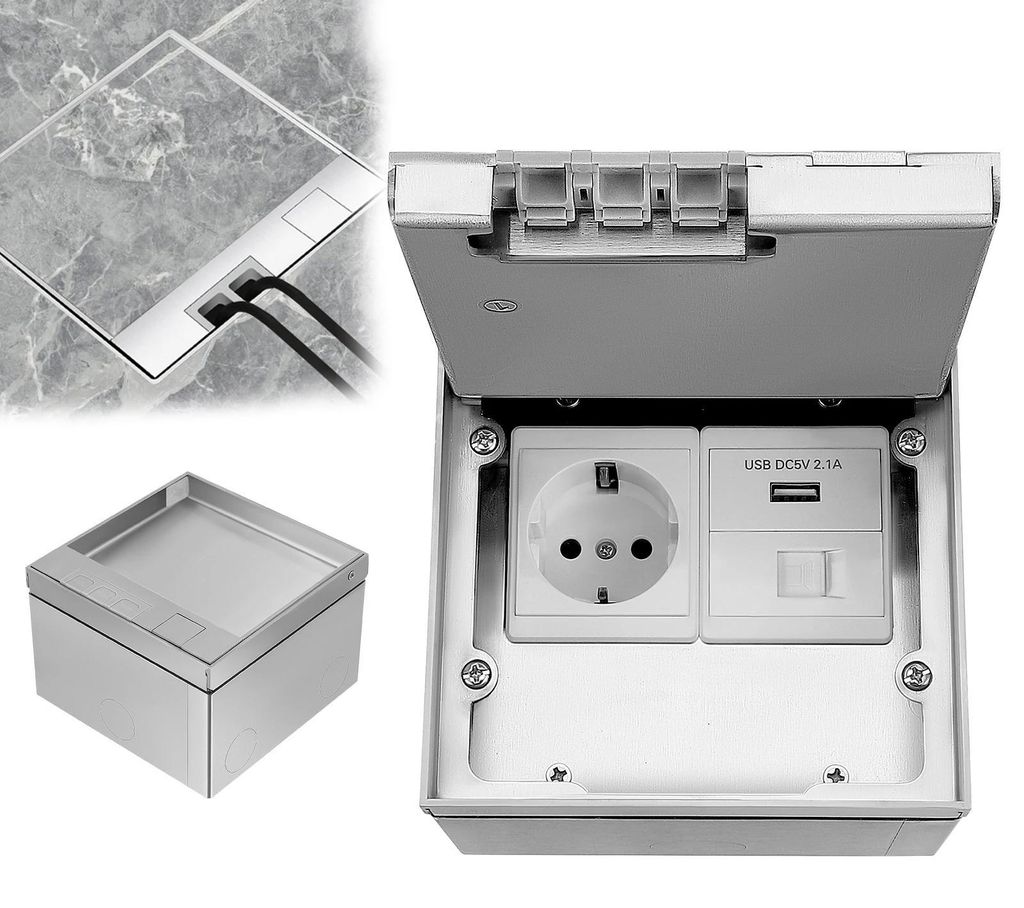 Tischsteckdose EU/Schuko mit USB‐C - Einbaubare Pop-up-Steckdose - Für Arbeitsplatte/Schreibtisch - Verdeckt - Deckel aus Edelstahl - Silber