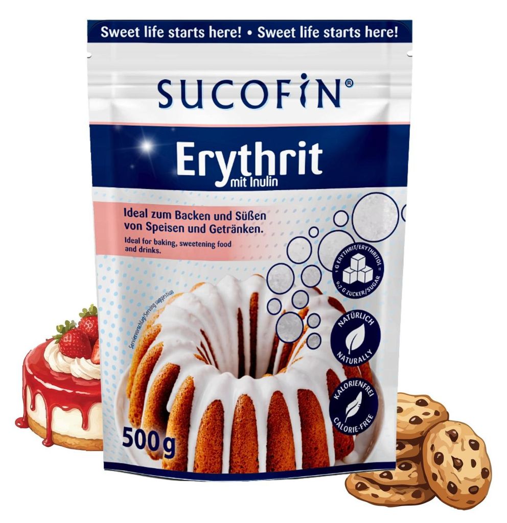 SUCOFIN Erythrit mit Inulin 500g kalorienfreie Zucker-Alternative, Backxucker