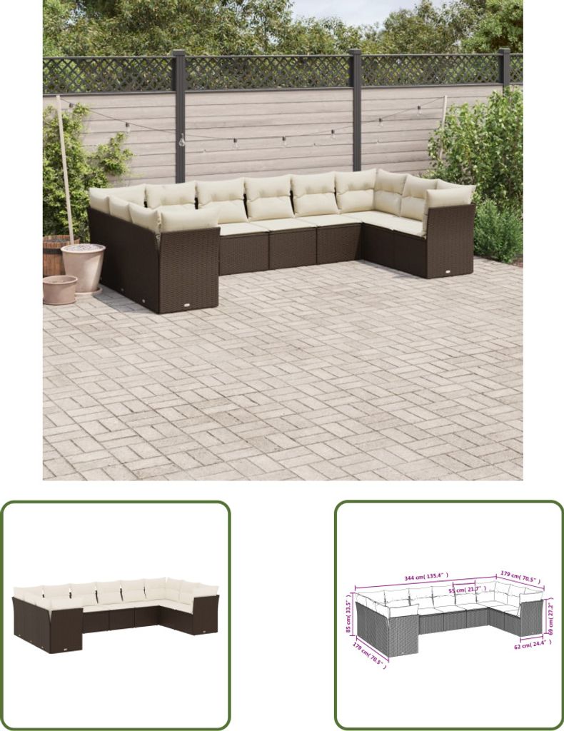 The Living Store 10-tlg. Garten-Sofagarnitur mit Kissen Braun Poly Rattan