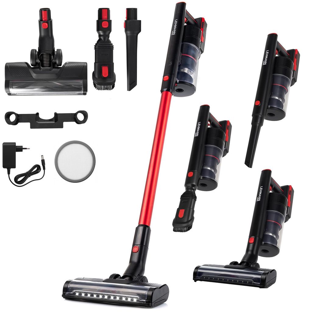LEHMANN Akkustaubsauger kabellos, 12 kPa, beutellos, HEPA-Filter, LED-Bürste, 3in1 Zubehör, leise, 45 Min Laufzeit, für Tierhaare & Allergiker