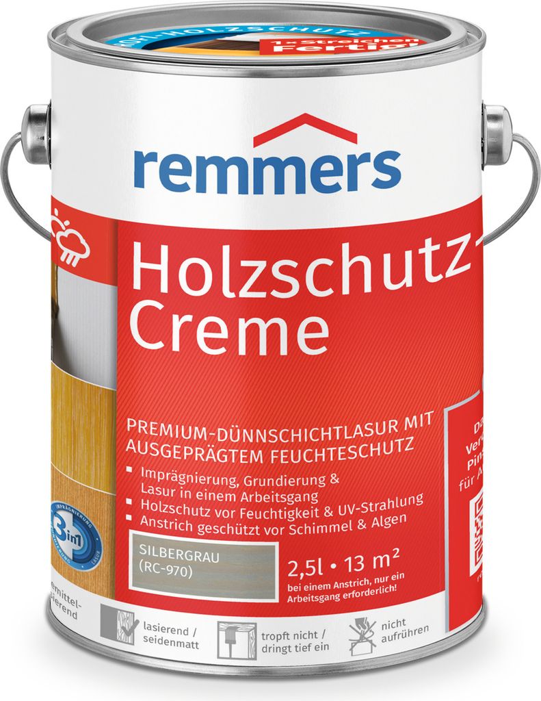 Remmers Holzschutz-Creme 3in1 silbergrau (RC-970) 2,5 l, Holzlasur aussen