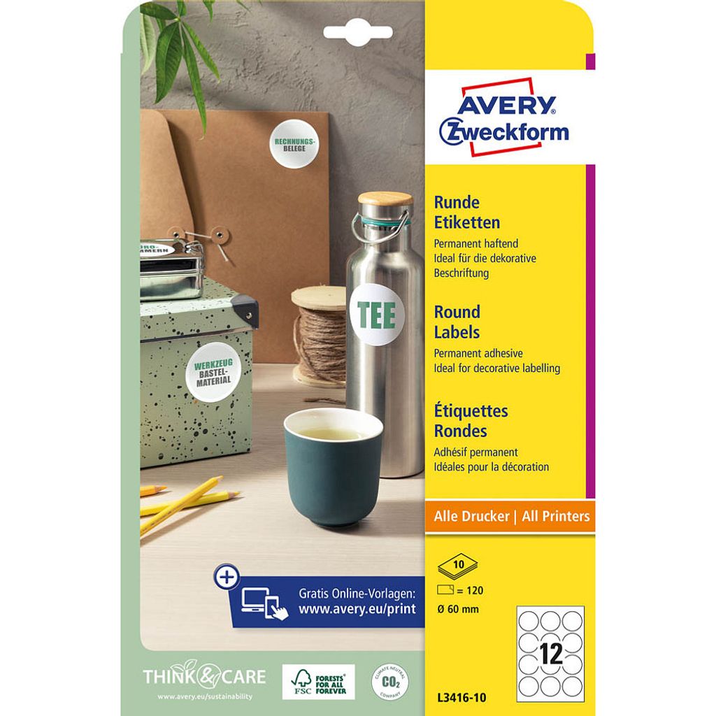 120 AVERY Zweckform Etiketten L3416-10 weiß 60,0 x 60,0 mm Produktbild 