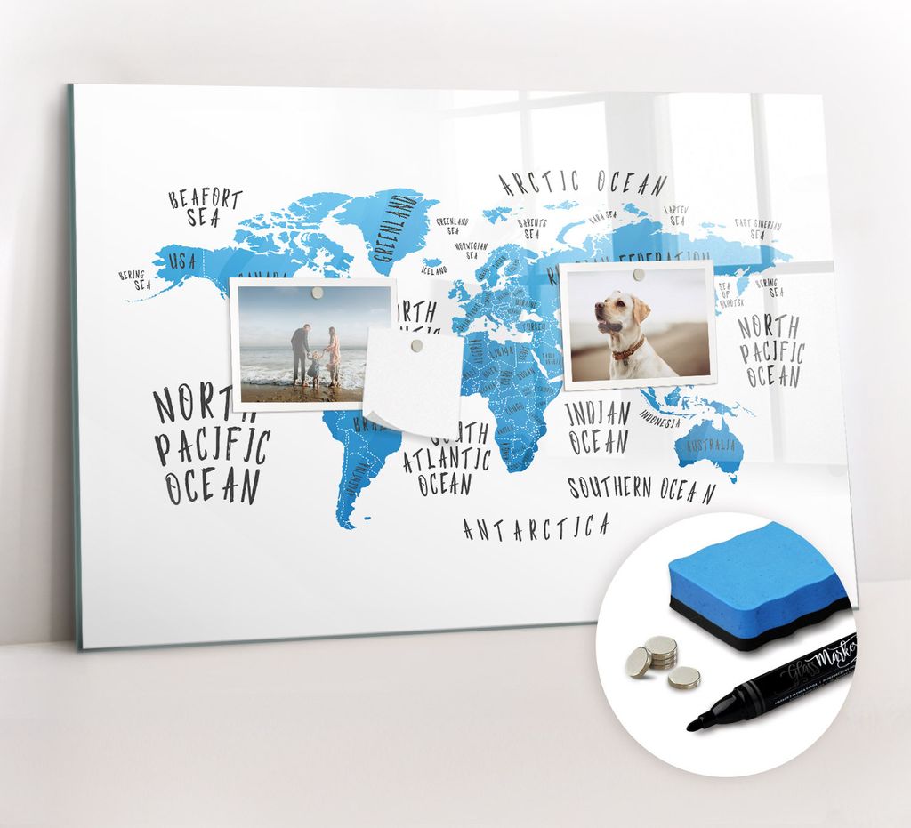 Magnetpinnwand Memoboard - Zubehörsatz - Schwarzer Marker + Schwamm + Magnete - 60 x 40 cm - Blaue Erdkarte