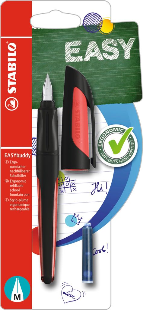 Schulfüller mit Standard-Feder M - STABILO EASYbuddy in schwarz/rot - Schreibfarbe blau (löschbar) - Einzelstift - inklusive Patrone