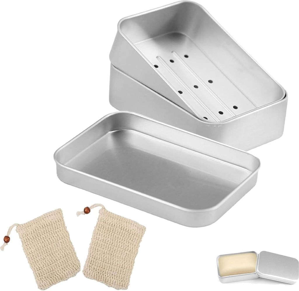 Seifendose aus Aluminium 2 Stück Seifenschalen mit Abtropfgitter mit 2 Soap Bar Bag Feuchtigkeitsbeständig Rostfrei Seifenschalen aus Metall zu H...