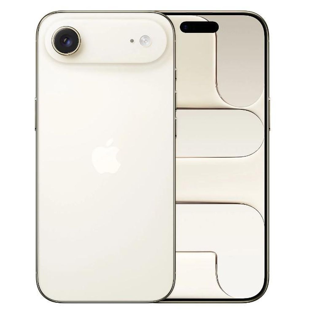 A white iPhone with a silver Apple logo on the back is shown next to a stylized representation of the phone's internal components.