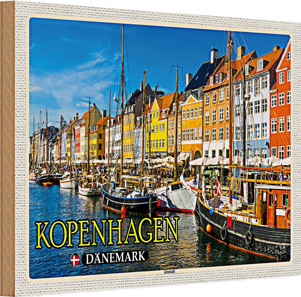 Holzschild Reise 30x20cm Kopenhagen Dänemark Altstadt Boote