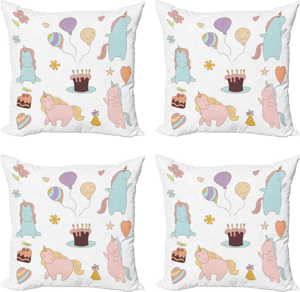 ABAKUHAUS Unicorn-Party Kissenbezug Set (4 Stück), Geburtstags-Tiere, Moderner Doppelseitiger Digitaldruck, 50 cm x 50 cm, Mehrfarbig