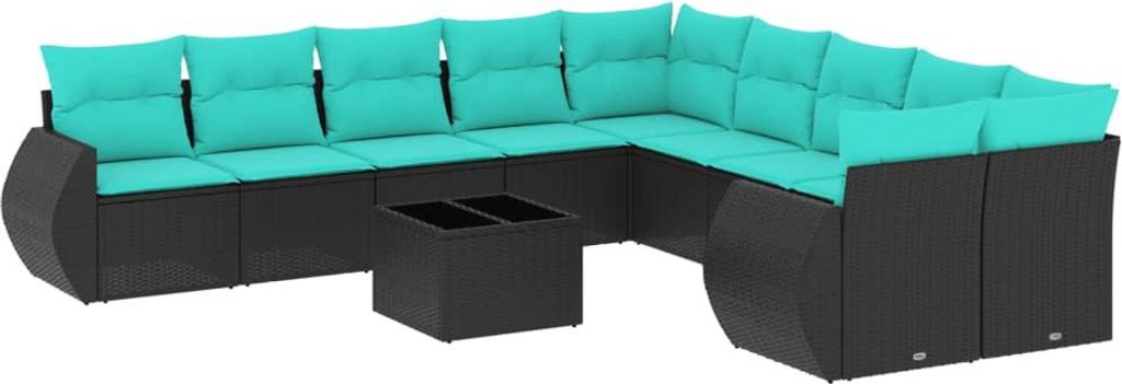 vidaXL 11-teiliges Gartensofa-Set mit Kissen, schwarzes Polyrattan