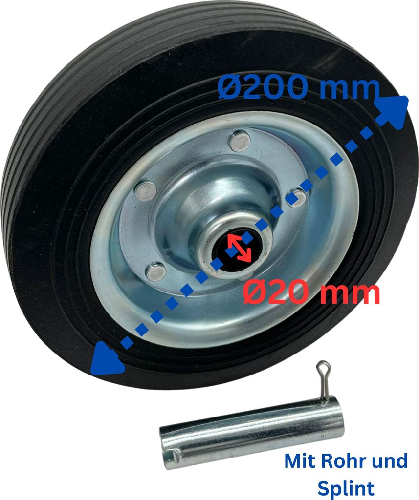 Rollentechnik Ersatzrad Anhänger 200 x 60 mm Stützrad Vollgummirad Trailer verzinkt mit Achse Ø20