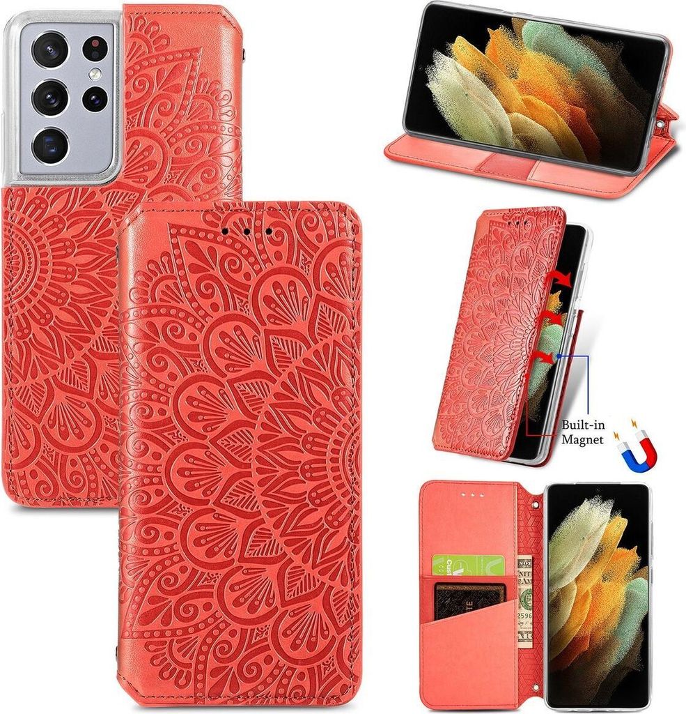 König Design Hülle kompatibel mit Samsung Galaxy S21 Ultra Kunstleder Handyhülle - Handy Case Rot