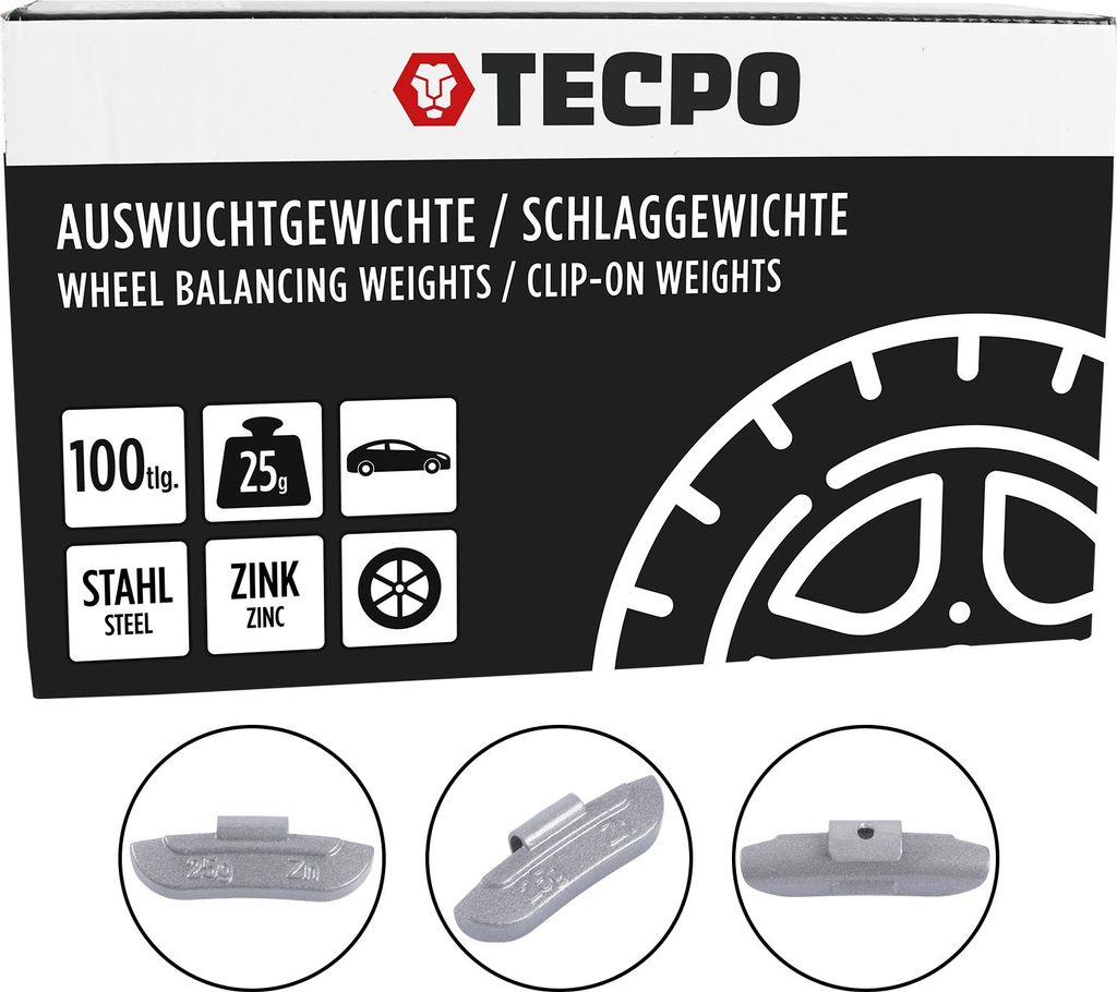TECPO Schlaggewichte Zink Auswuchtgewichte 25g x 100 Wuchtgewichte für Stahlfelgen korrosionsbeständig Radwuchtung Auswuchtmaschinen
