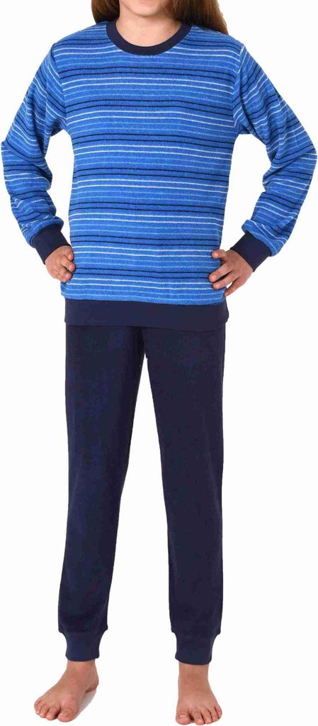 Kuscheliger Mädchen langarm Frottee Schlafanzug Pyjama mit Bündchen in Streifenoptik ; blau , 128