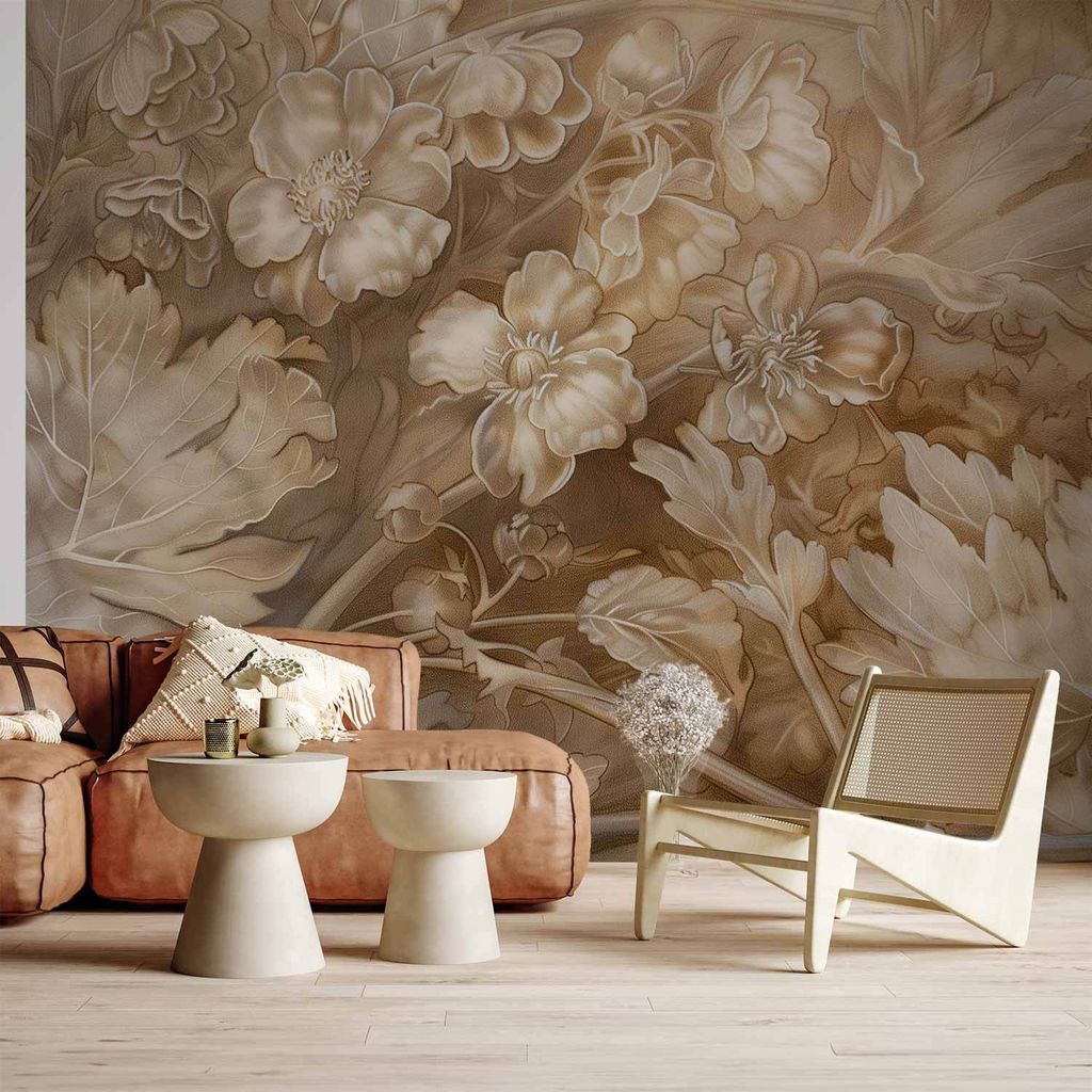 Vlies Fototapete - Floral Ornaments Carved in Delicate Sepia and Brown Shades 200x140 cm Blumen b-H-10015-a-a