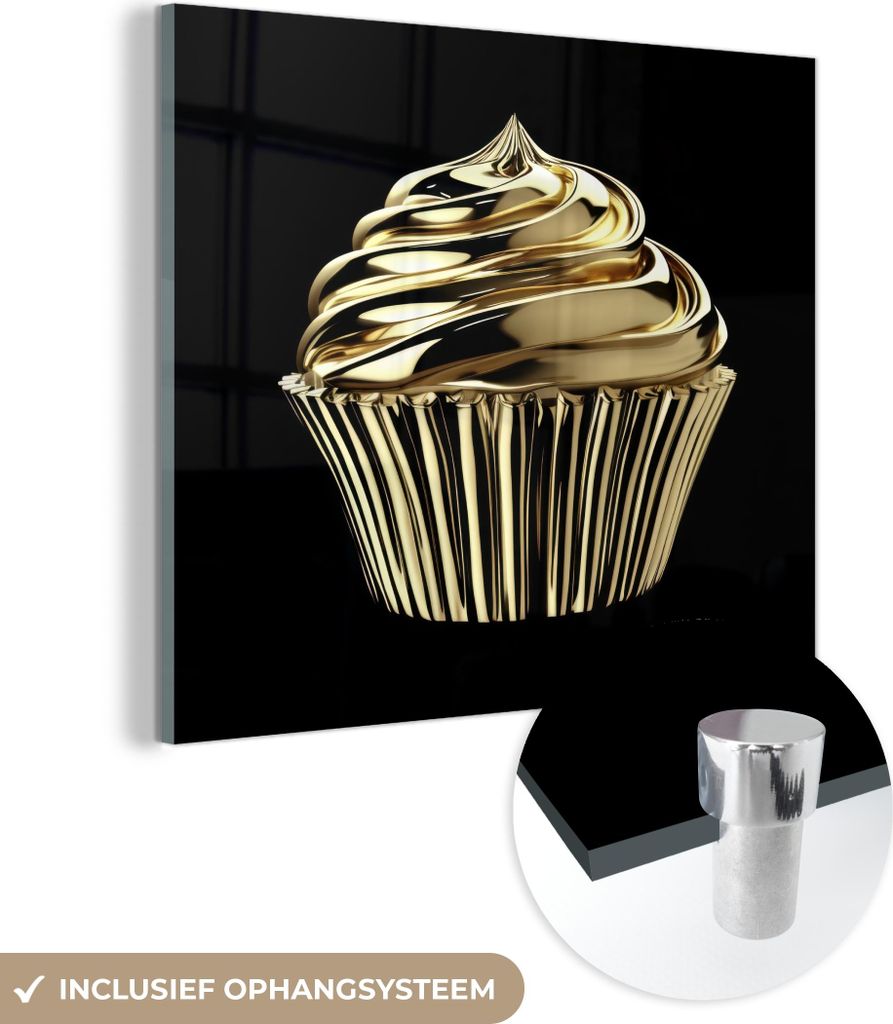 MuchoWow Glasbilder - Bilder auf Wandbild - Foto auf Glas Cupcake - Lebensmittel - Gold - Schwarz 40x40 cm Wanddekoration aus Glas - Acrylglasbild ...