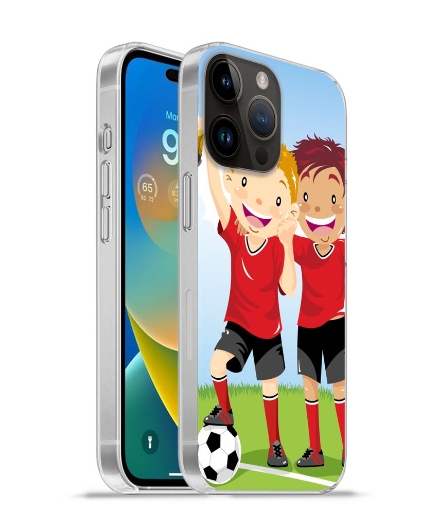 MuchoWow Handyhülle Schutzhülle Hülle für Apple iPhone 14 Pro Max Eine Illustration von zwei Fußballspielern, die einen Preis gewonnen haben...