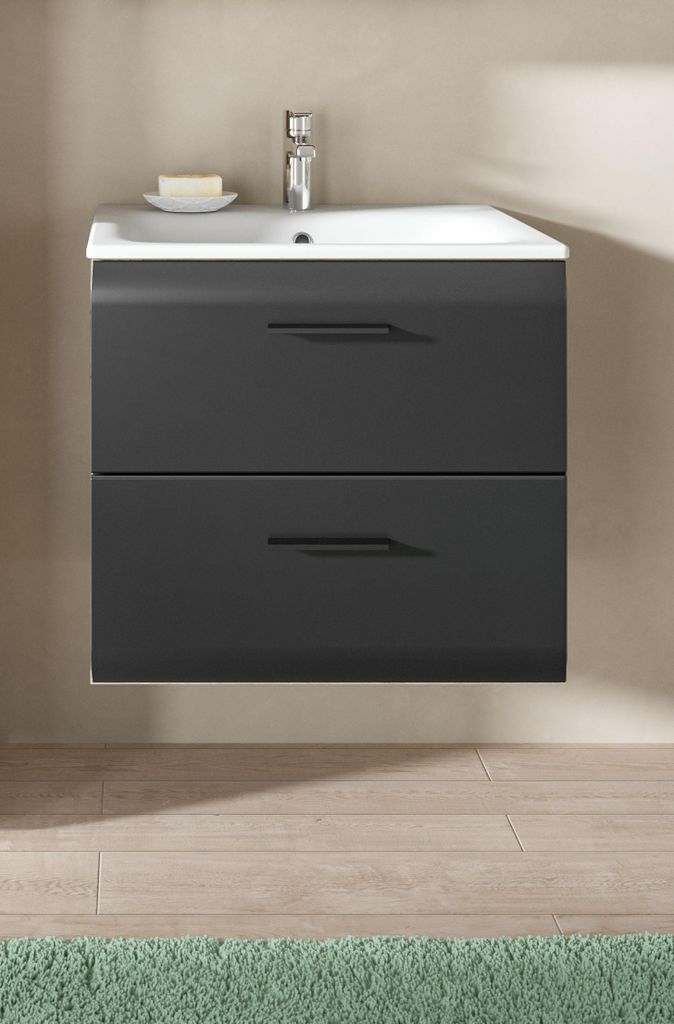 Ice Waschbeckenunterschrank Inkl. Waschbecken 2 Schubladen Schwarz matt, Eiche Nachbildung.