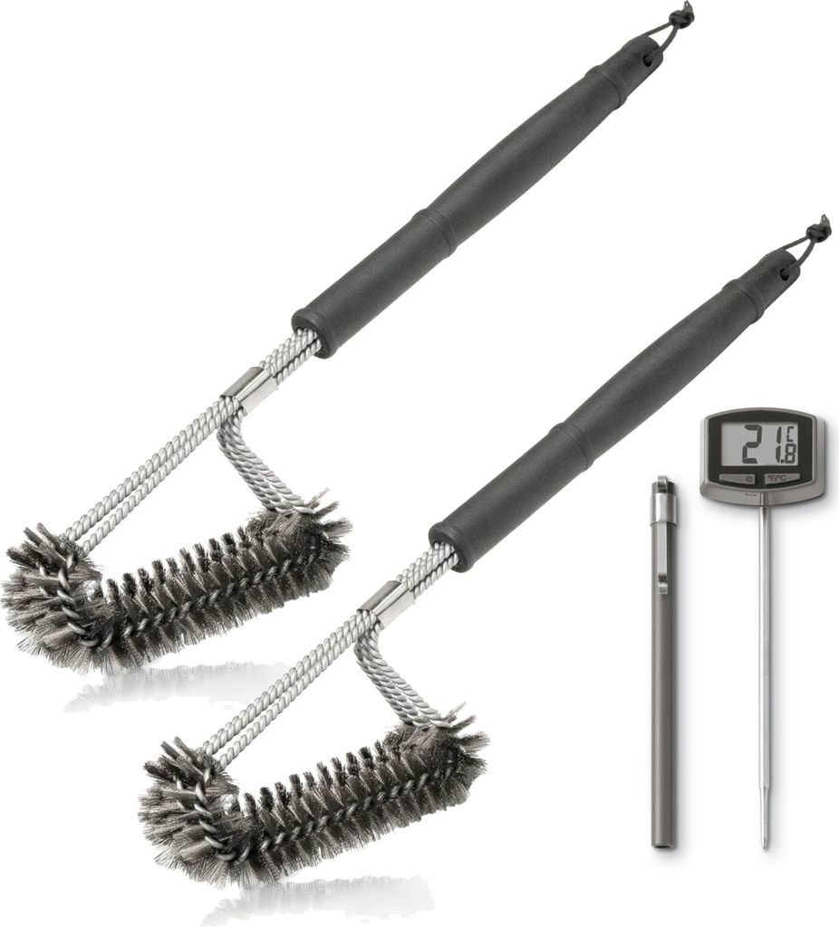 2 x Grillbürste aus Edelstahl für Gasgrills und Holzkohlegrills inkl. Weber Grill-Thermometer 8304