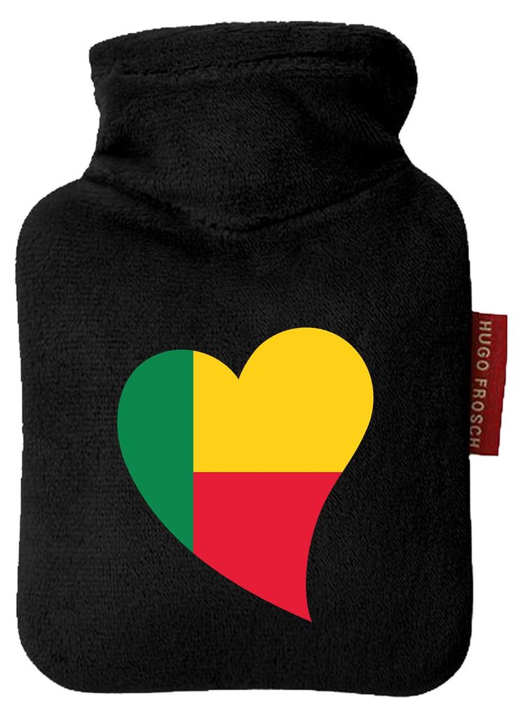 Huuraa Mini-Wärmflasche Benin Flagge Herz 0,2 Liter Black Mini Veloursbezug Taschenwärmer Geschenkidee