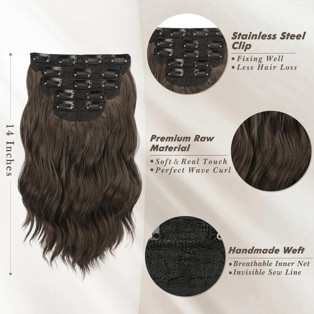 Extensions cheveux 35cm ondulé brun système 5 clips pose invisible