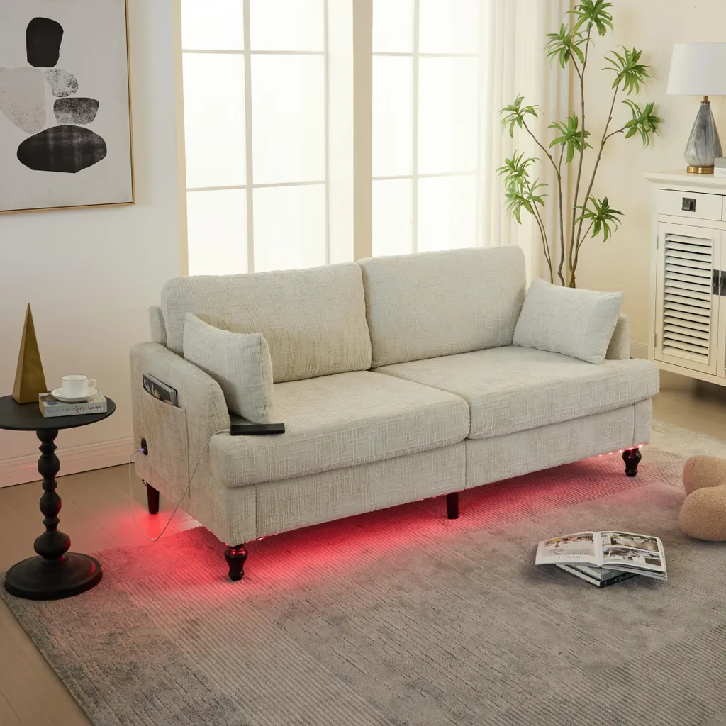 Banquette convertible 2 places beige scandinave avec rangement et LED USB