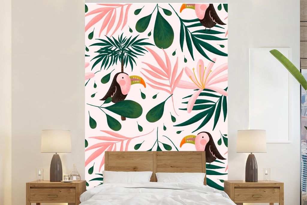MuchoWow Fototapete für Wohnzimmer oder Schlafzimmer Wandtapete Vinyl Motivtapete Muster - Dschungel - Tukan - Rosa - 180x280 cm - Wallpaper