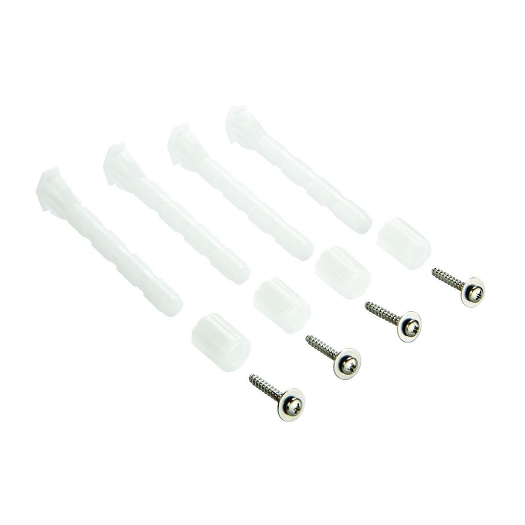 A set of plumbing installation hardware, including plastic anchors and metal screws, arranged on a white background.