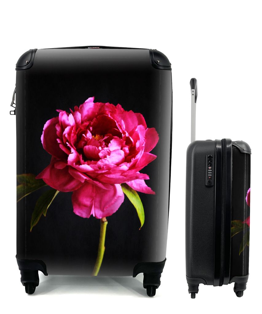 MuchoWow Koffer Handgepäck Trolley Rollkoffer Kleine Reisekoffer mit 4 Rollen - Dunkelrosa Pfingstrose - Cabin Size < 55x40x23 cm & 55x40x20 cm ...