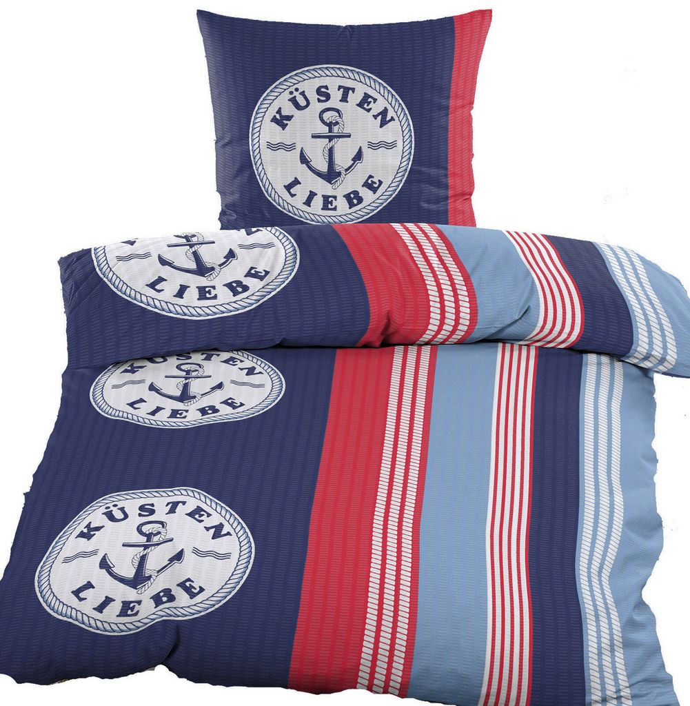 2-tlg. Seersucker Bettwäsche, 135x200 +80x80 cm, rot blau, maritim, Anker Küstenliebe, bügelfrei
