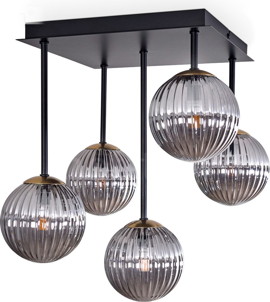 Isorella Deckenlampe aus Metall/Riffelglas in Schwarz/Goldfarben/Rauchfarben